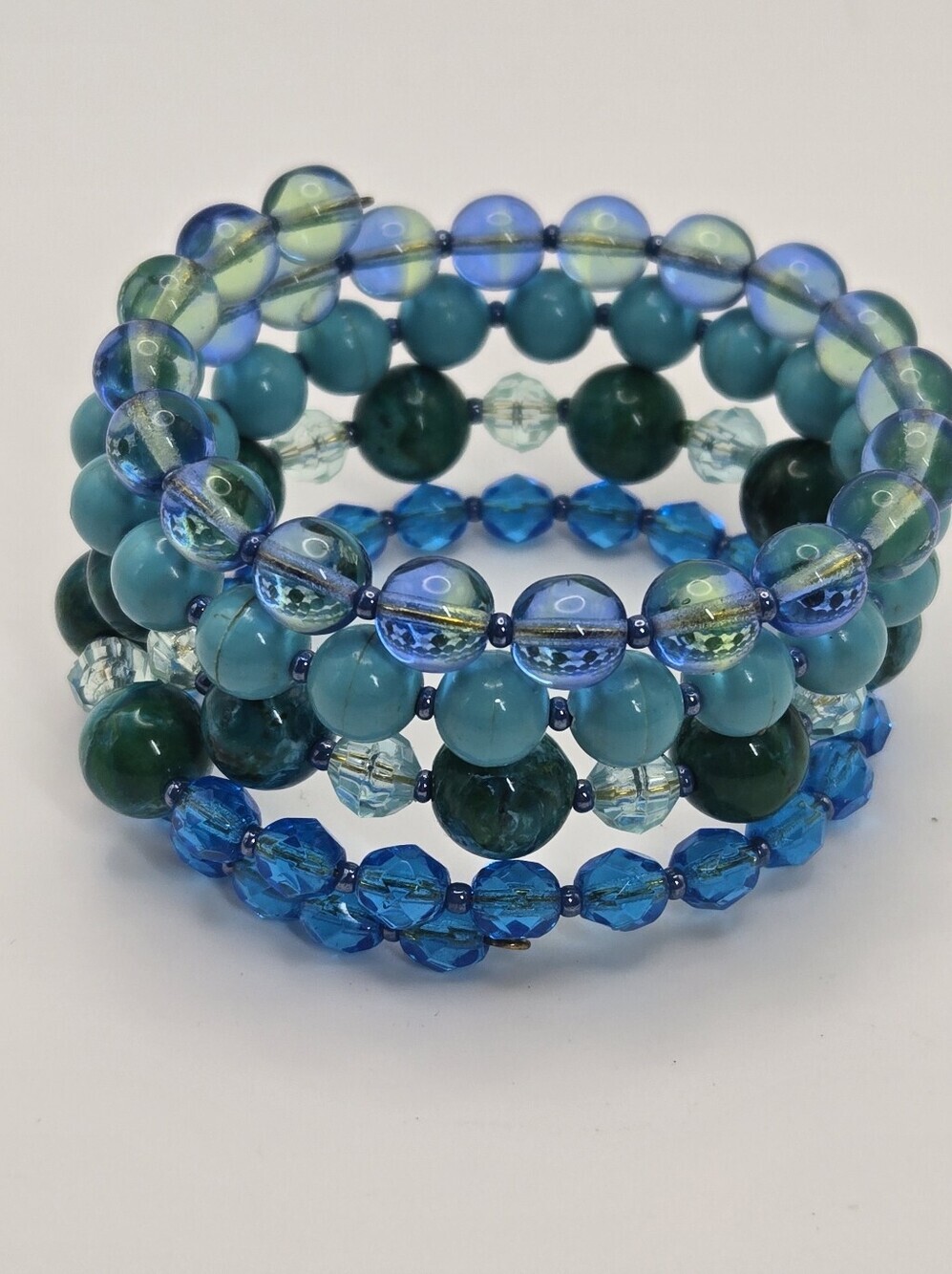 Blue And Green Glass Bead Wired Stack Bracelet Handmade Artisan Jewelry